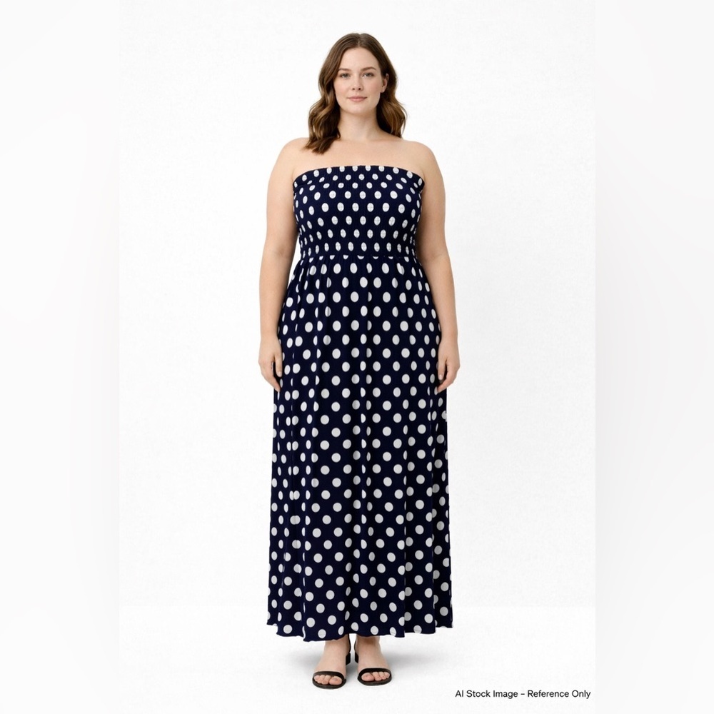 Mlle Gabrielle Navy Polka Dot Strapless Maxi Dress Large NWT Smocked Bodice